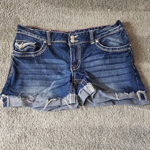 Amethyst Jean Shorts Womens Size 11 Cut Off Blue Denim Low Rise Embellished - Picture 1 of 8